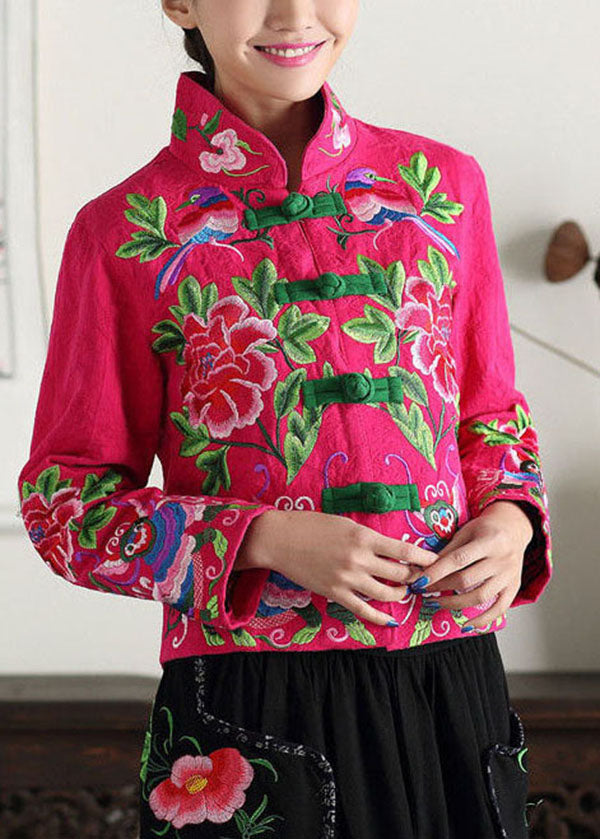 Rose Cotton Coat Outwear Mandarin Collar Embroidered Fall