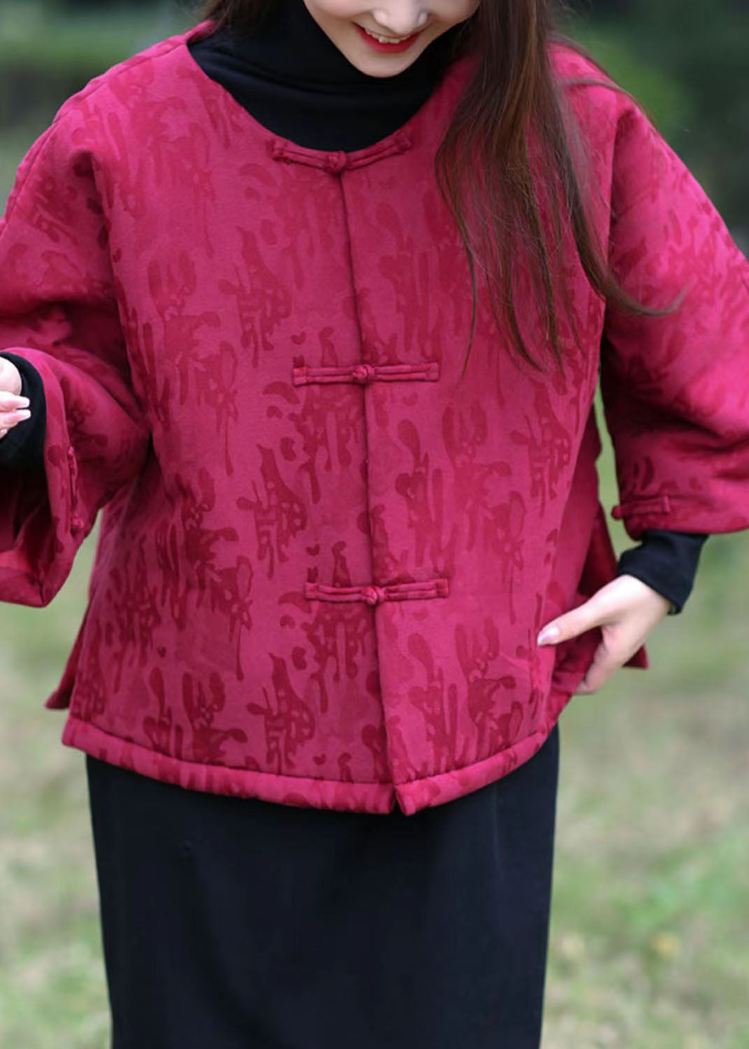Rose Fine Cotton Filled Coats Oriental Button Jacquard Winter