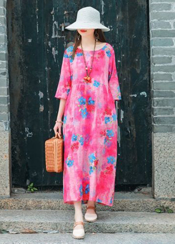 Rose Print Cotton Long Dresses Oversized Exra Large Hem Summer