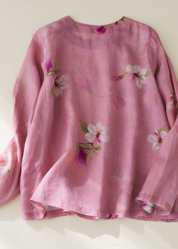 Rose Print Patchwork Cotton Top O Neck Chinese Button Long Sleeve