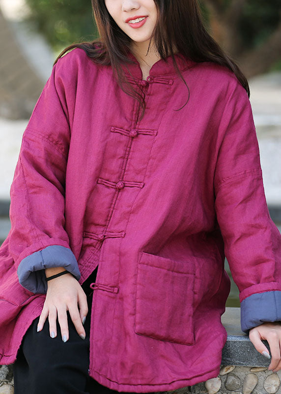 Rose Warm Fine Cotton Filled Coats Mandarin Collar Button Winter