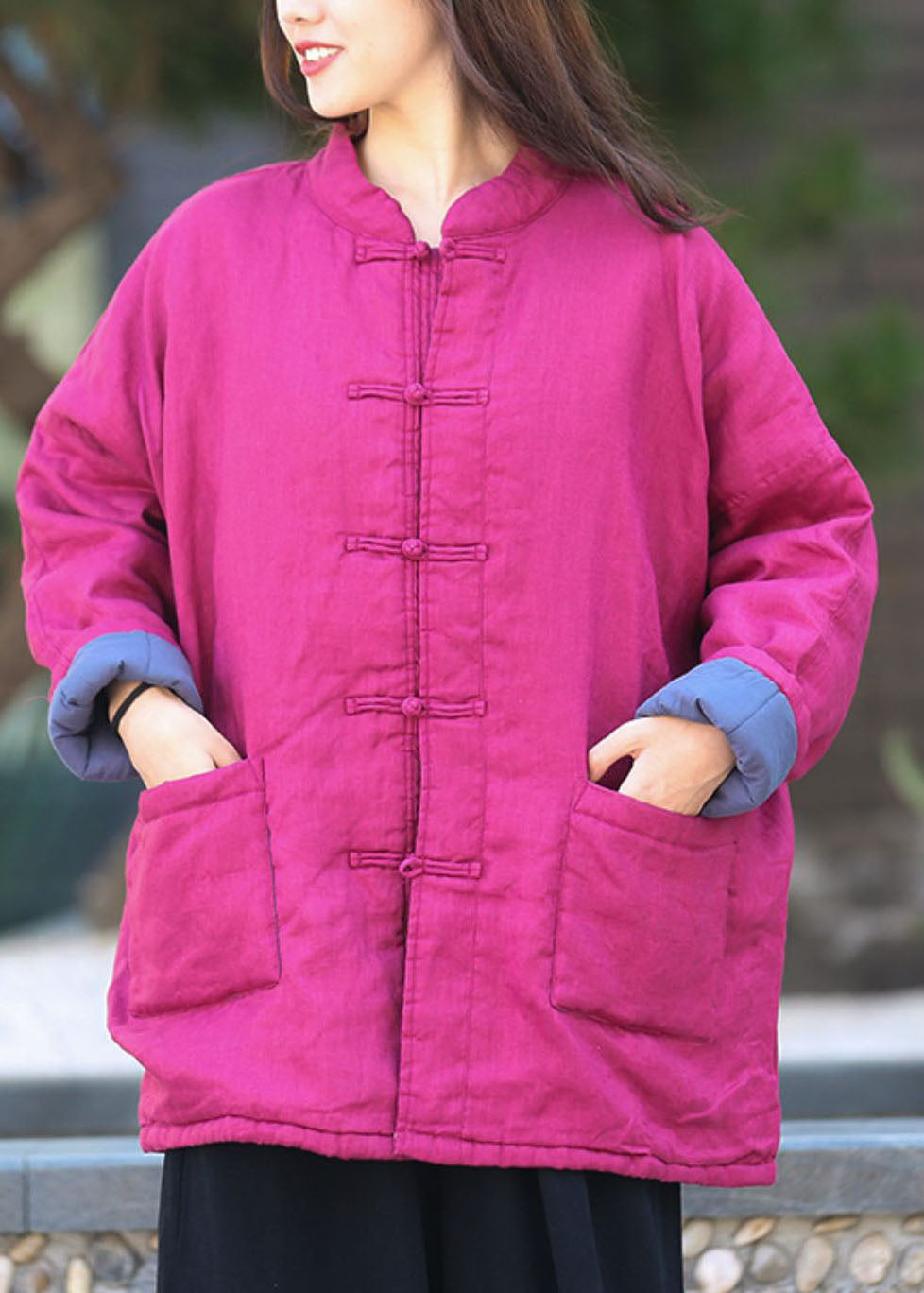 Rose Warm Fine Cotton Filled Coats Mandarin Collar Button Winter