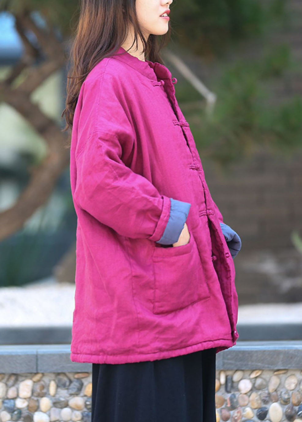 Rose Warm Fine Cotton Filled Coats Mandarin Collar Button Winter