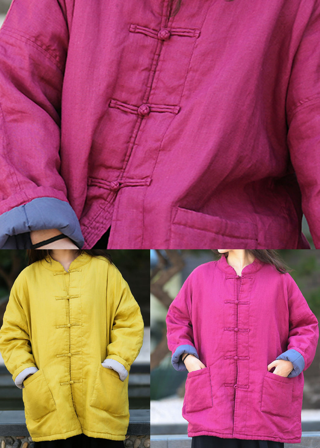 Rose Warm Fine Cotton Filled Coats Mandarin Collar Button Winter