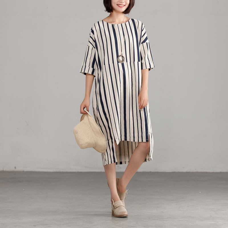 Round Neck Linen Cotton Stripe Loose Dress - Omychic