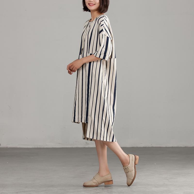 Round Neck Linen Cotton Stripe Loose Dress - Omychic