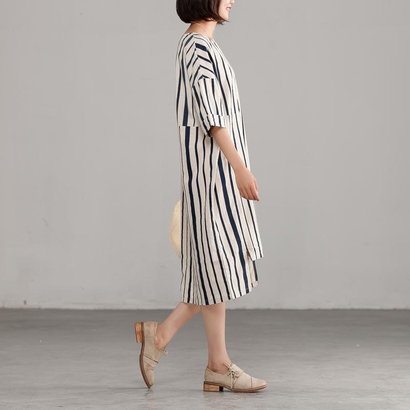 Round Neck Linen Cotton Stripe Loose Dress - Omychic