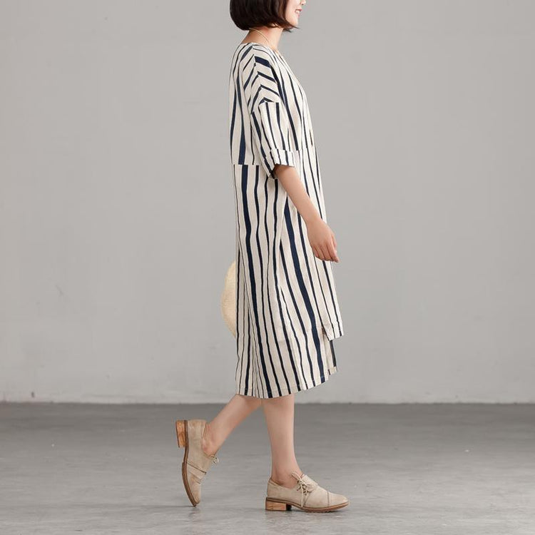 Round Neck Linen Cotton Stripe Loose Dress - Omychic
