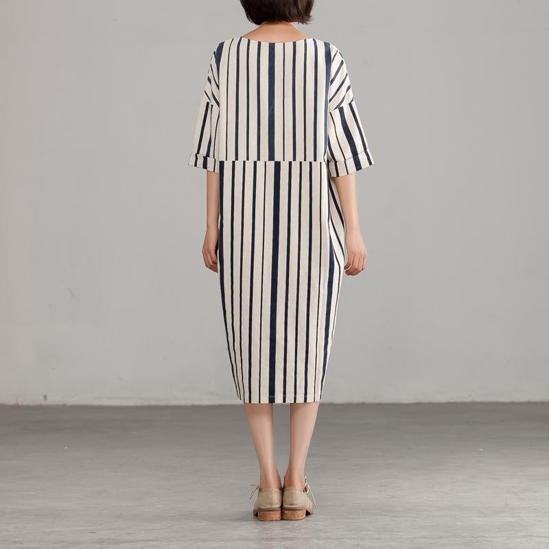 Round Neck Linen Cotton Stripe Loose Dress - Omychic