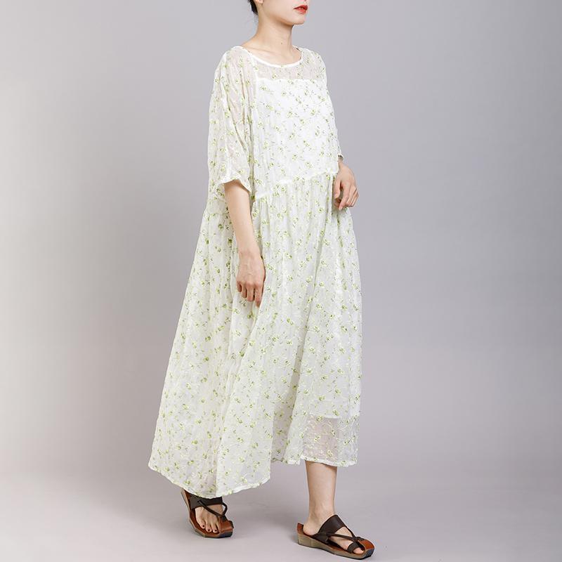 Round Neck Print Floral Pleated Short Sleeve Dress - Omychic