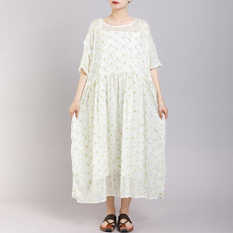 Round Neck Print Floral Pleated Short Sleeve Dress - Omychic