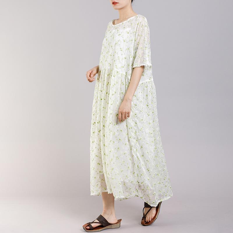 Round Neck Print Floral Pleated Short Sleeve Dress - Omychic