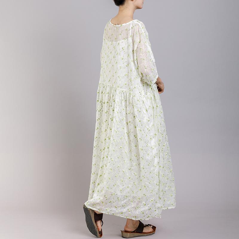 Round Neck Print Floral Pleated Short Sleeve Dress - Omychic