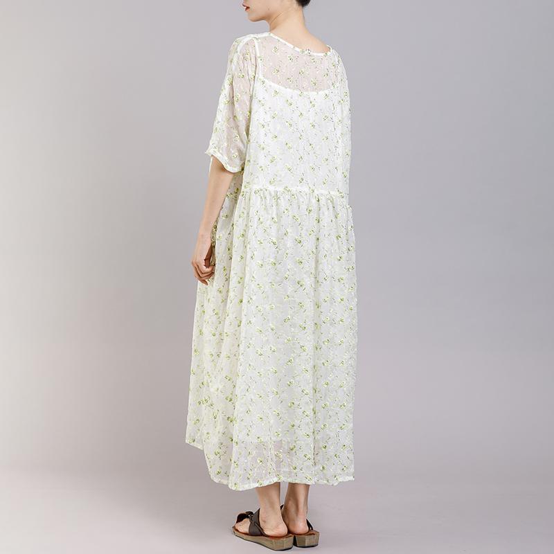 Round Neck Print Floral Pleated Short Sleeve Dress - Omychic