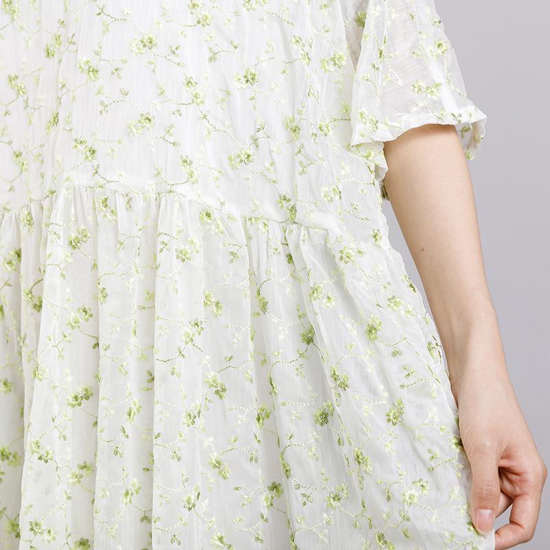 Round Neck Print Floral Pleated Short Sleeve Dress - Omychic