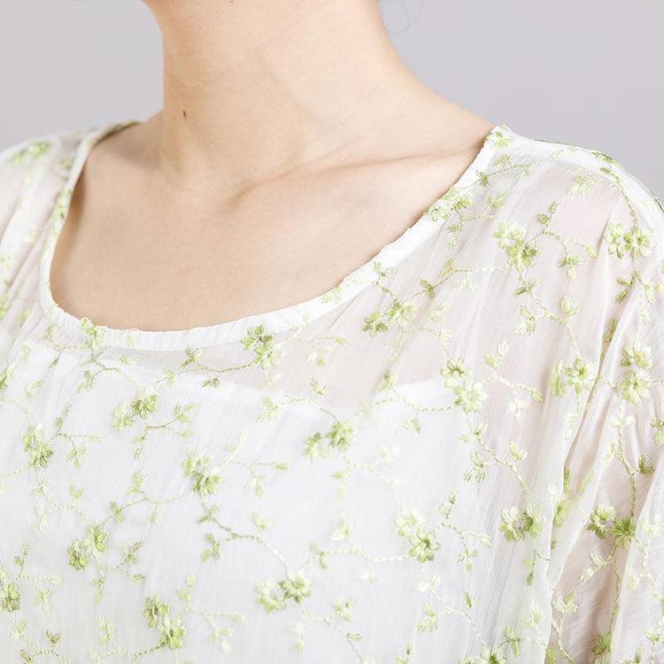 Round Neck Print Floral Pleated Short Sleeve Dress - Omychic
