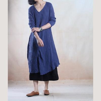 Royal blue long linen dresses oversize caftans long sleeve - Omychic