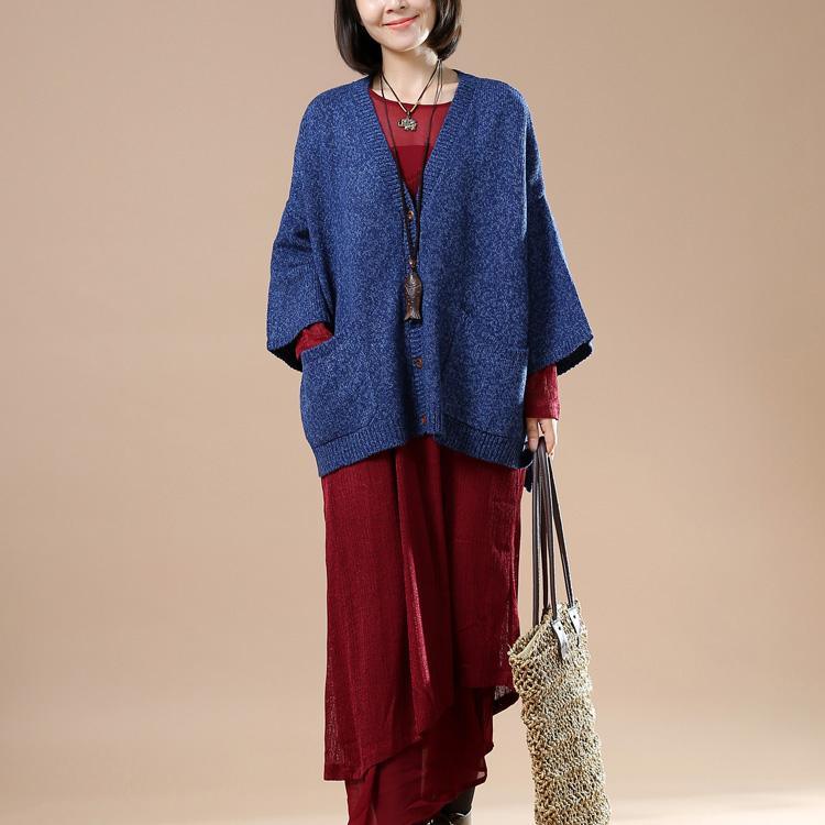 Royal blue short sweaters oversized knit tops plus size - Omychic