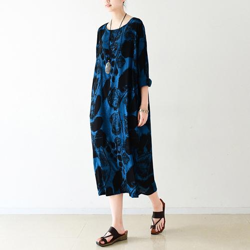 Royal blue silk dresses print sprint dress plus size dress - Omychic