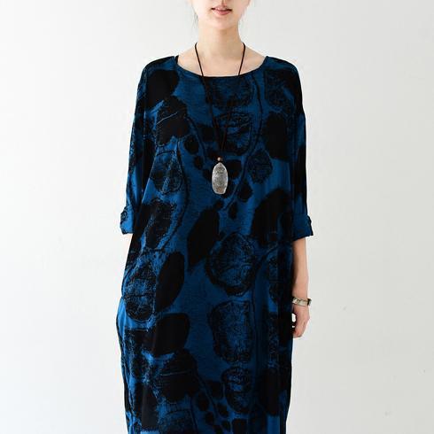 Royal blue silk dresses print sprint dress plus size dress - Omychic