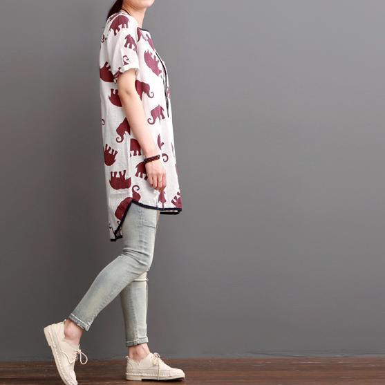Ruby elephant print linen shirt blouse summer dress plus size - Omychic