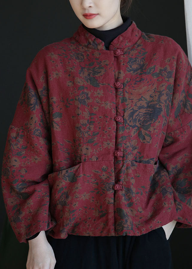 Rust Red Print Cotton Filled Coats Mandarin Collar Pockets Winter