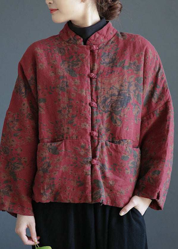 Rust Red Print Cotton Filled Coats Mandarin Collar Pockets Winter