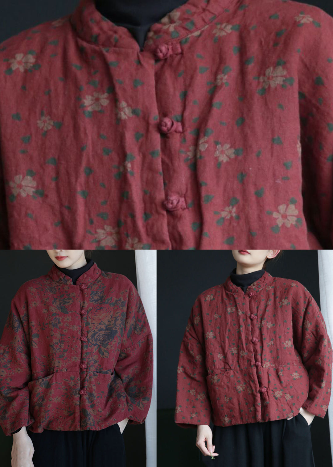Rust Red Print Cotton Filled Coats Mandarin Collar Pockets Winter