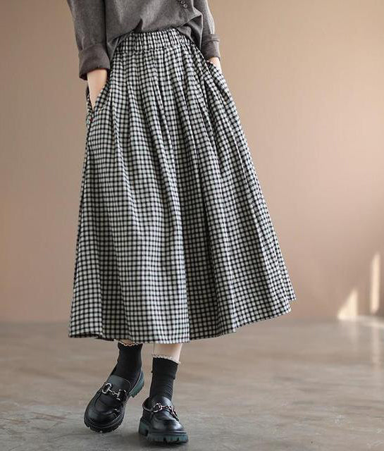 Retro Plaid Elastic Waist Mid-length A-line Skirt