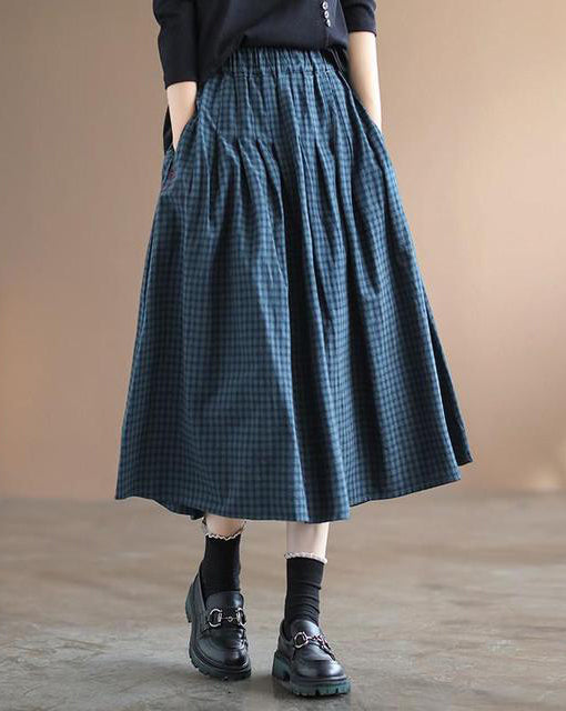 Retro Plaid Elastic Waist Mid-length A-line Skirt