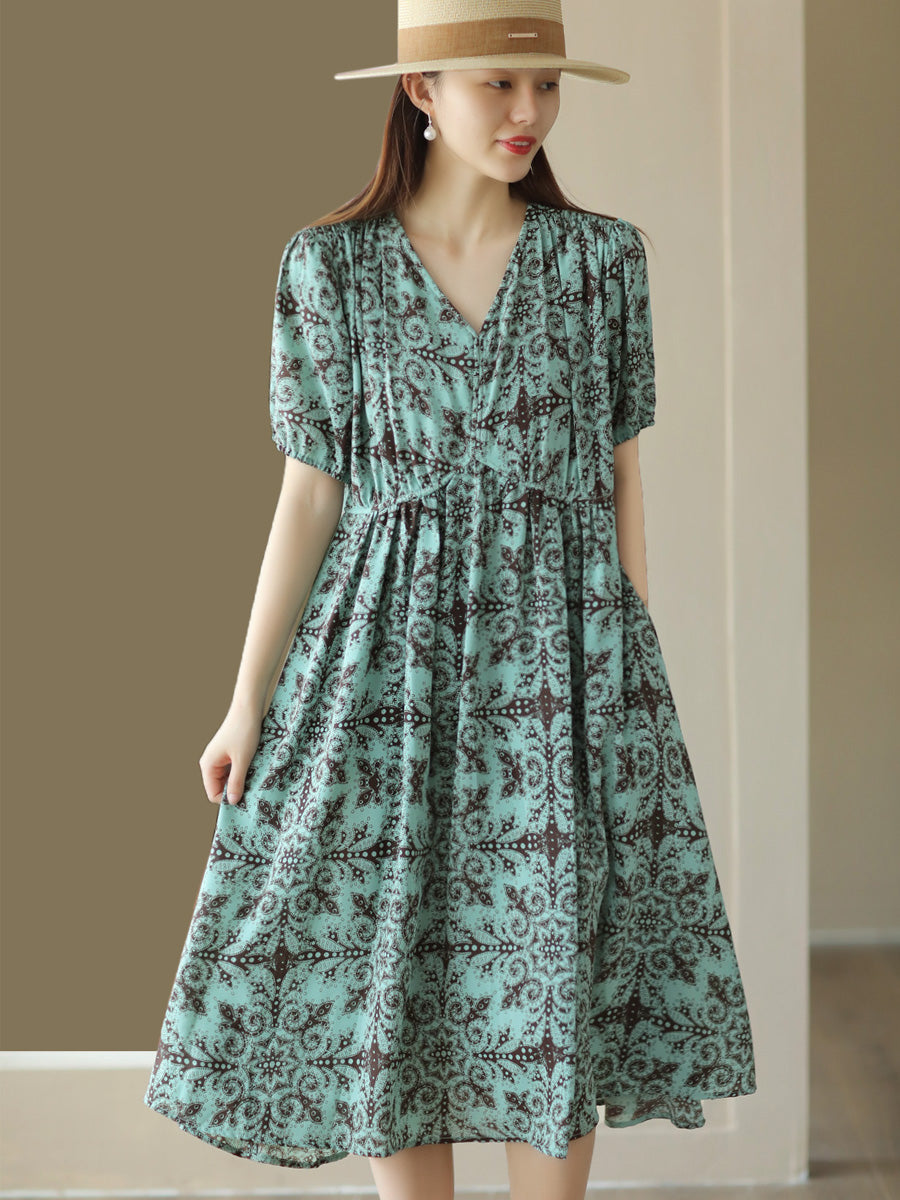 Women Summer Artsy Flower V-Neck High Waist Dress