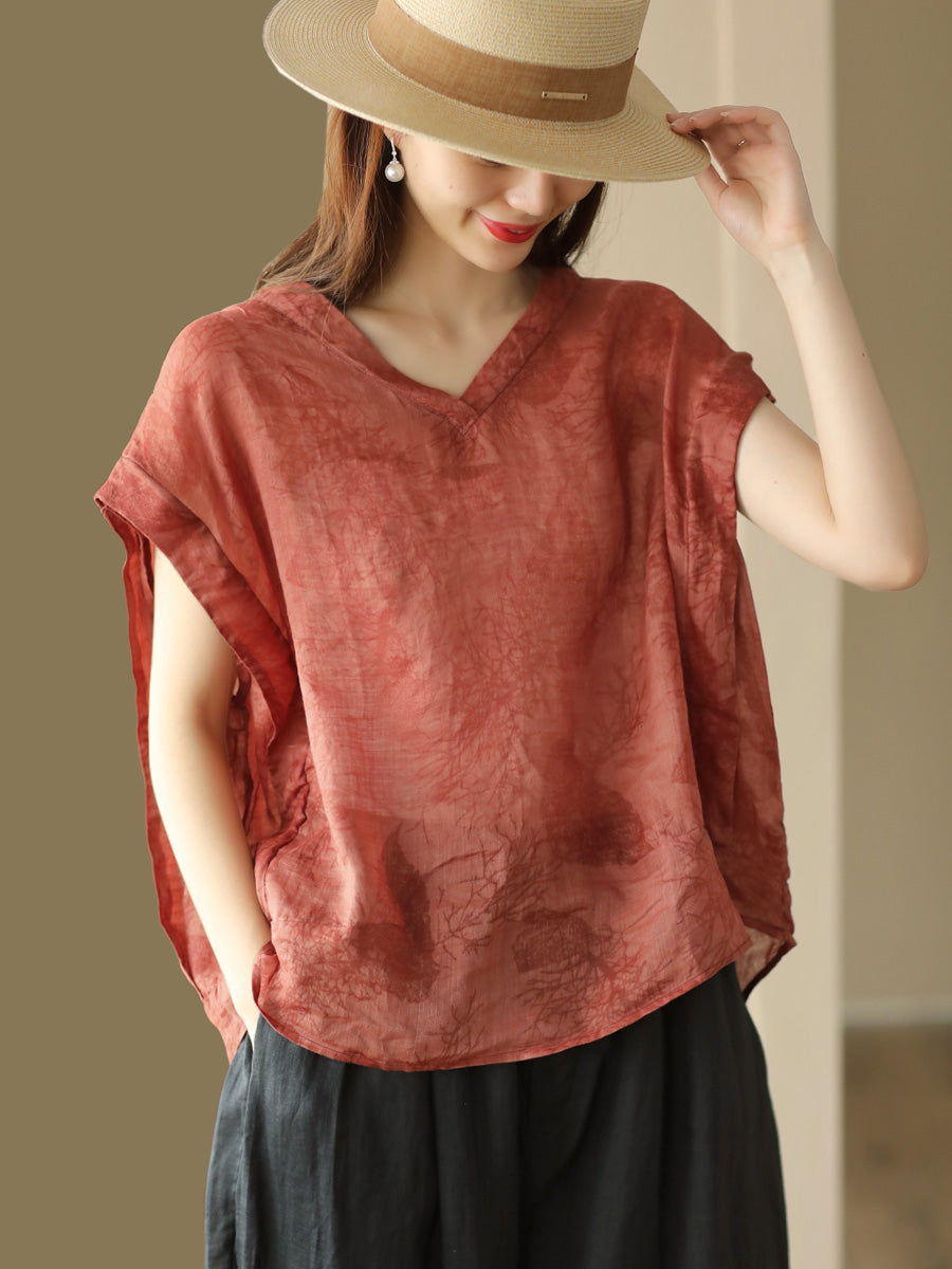 Retro Solid Thin Leaf Embossing Loose Tops Summer
