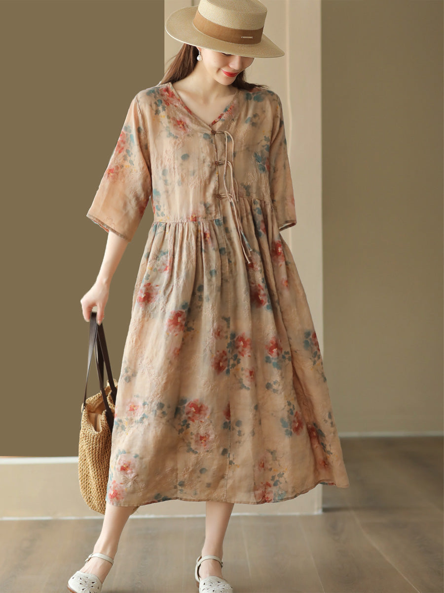 Flower Print National Drawstring Pleated Ramie Dress