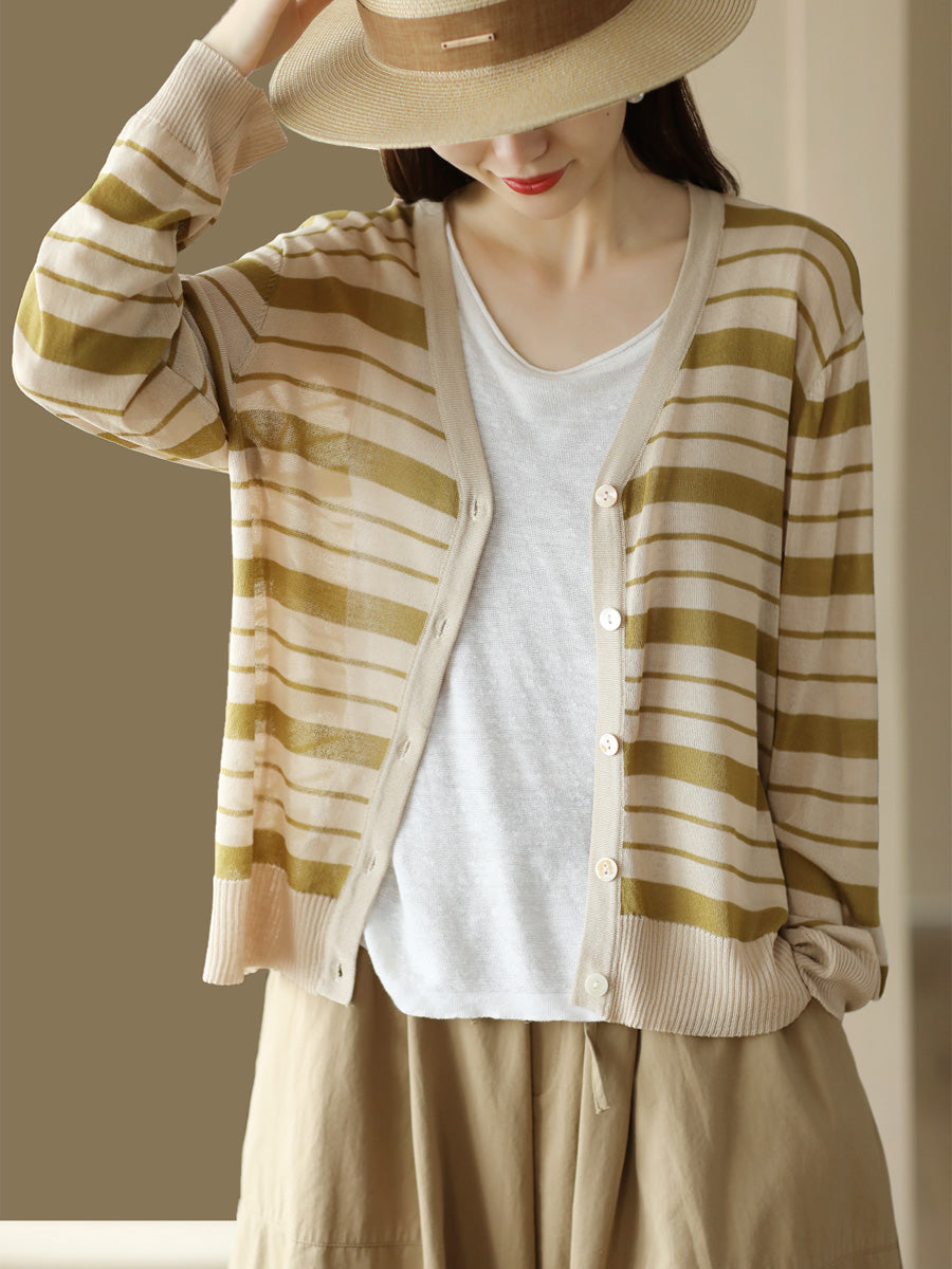 Women Summer Stripe Casual Knitted Linen Cardigan Shirt