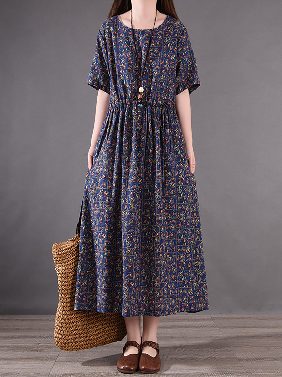 Vintage Flower Pleated Drawstring Loose Cotton Dress