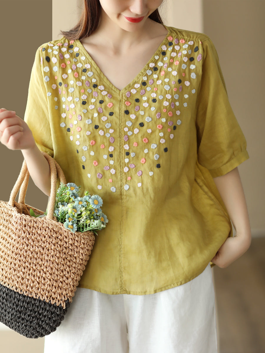 Women Summer Flower Embroidery V-Neck Ramie Tops