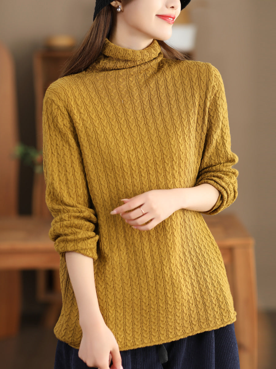 Women Casual Jacquard Knitted Solid Turtleneck Sweater