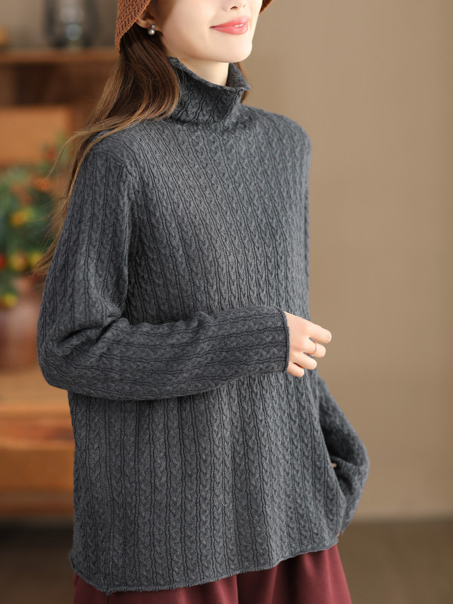 Women Casual Jacquard Knitted Solid Turtleneck Sweater