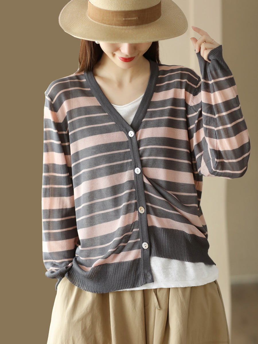 Women Summer Stripe Casual Knitted Linen Cardigan Shirt