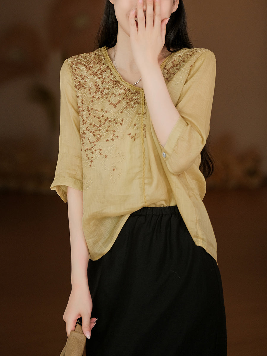 Summer Flower Embroidery Lacework Loose Ramie Shirt