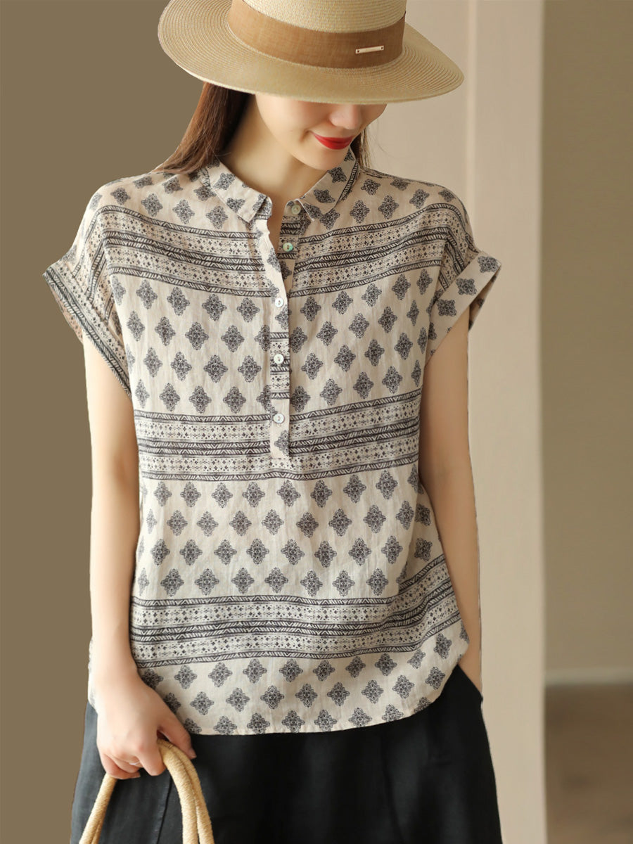 Women Summer Vintage Geometric Print Button Linen Shirt