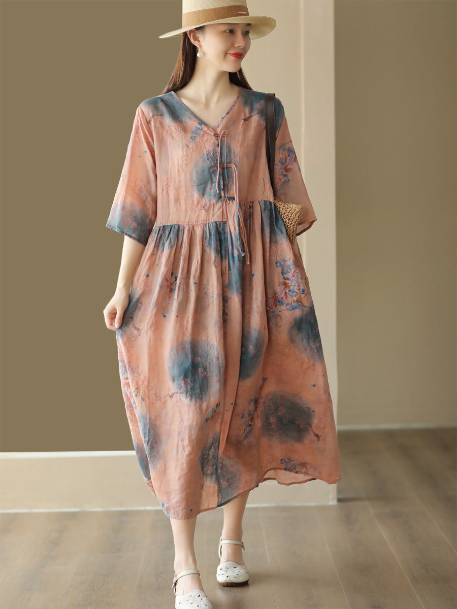 Flower Print National Drawstring Pleated Ramie Dress