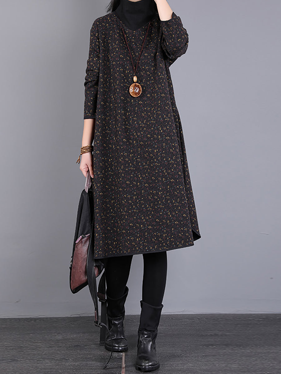 Women Vintage Winter Fleeced Floral Turtleneck Dress