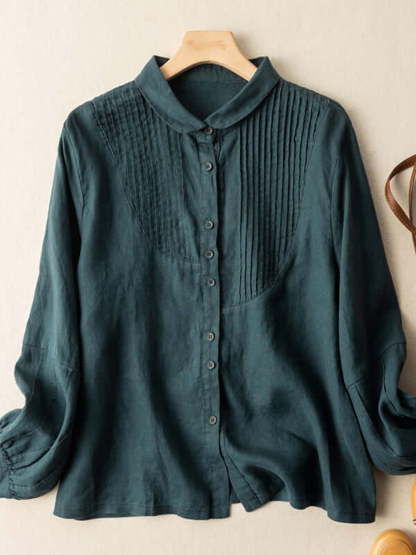 Ink Green Linen Pleated Casual Shirt Long Sleeve
