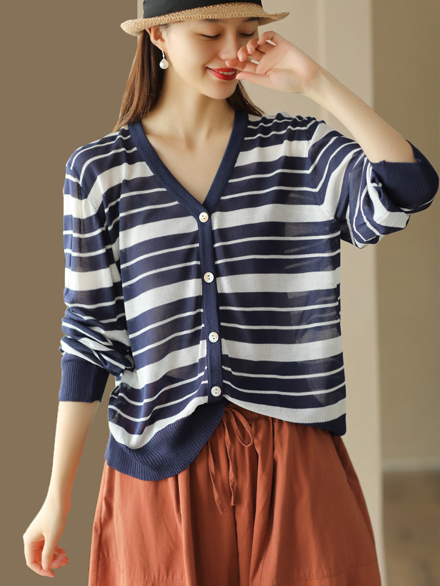 Women Summer Stripe Casual Knitted Linen Cardigan Shirt