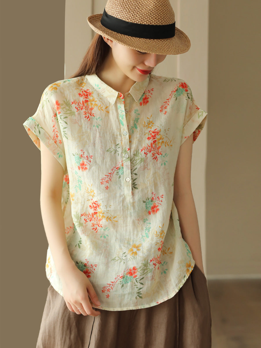 Women Summer Vintage Geometric Print Button Linen Shirt