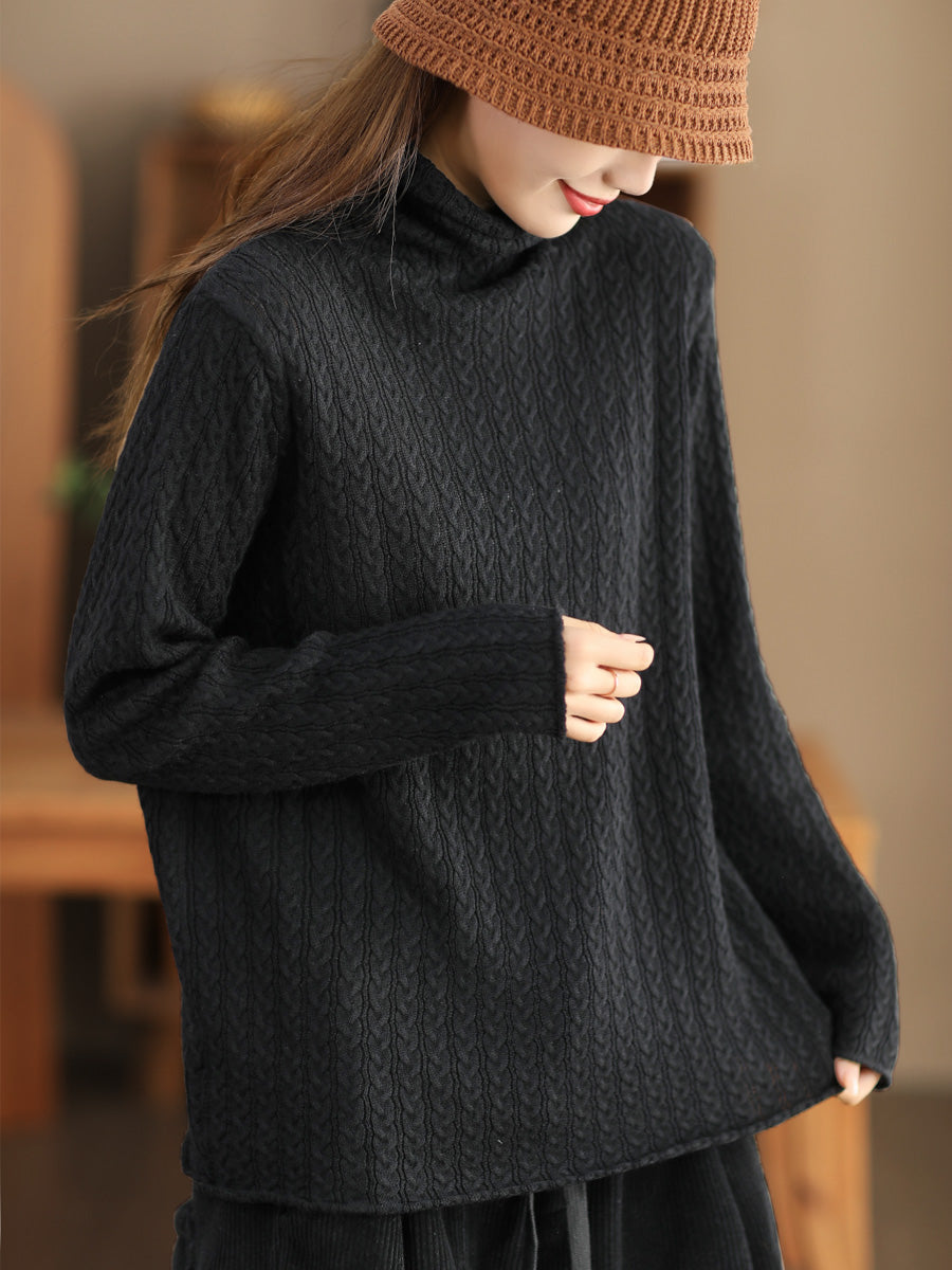 Women Casual Jacquard Knitted Solid Turtleneck Sweater