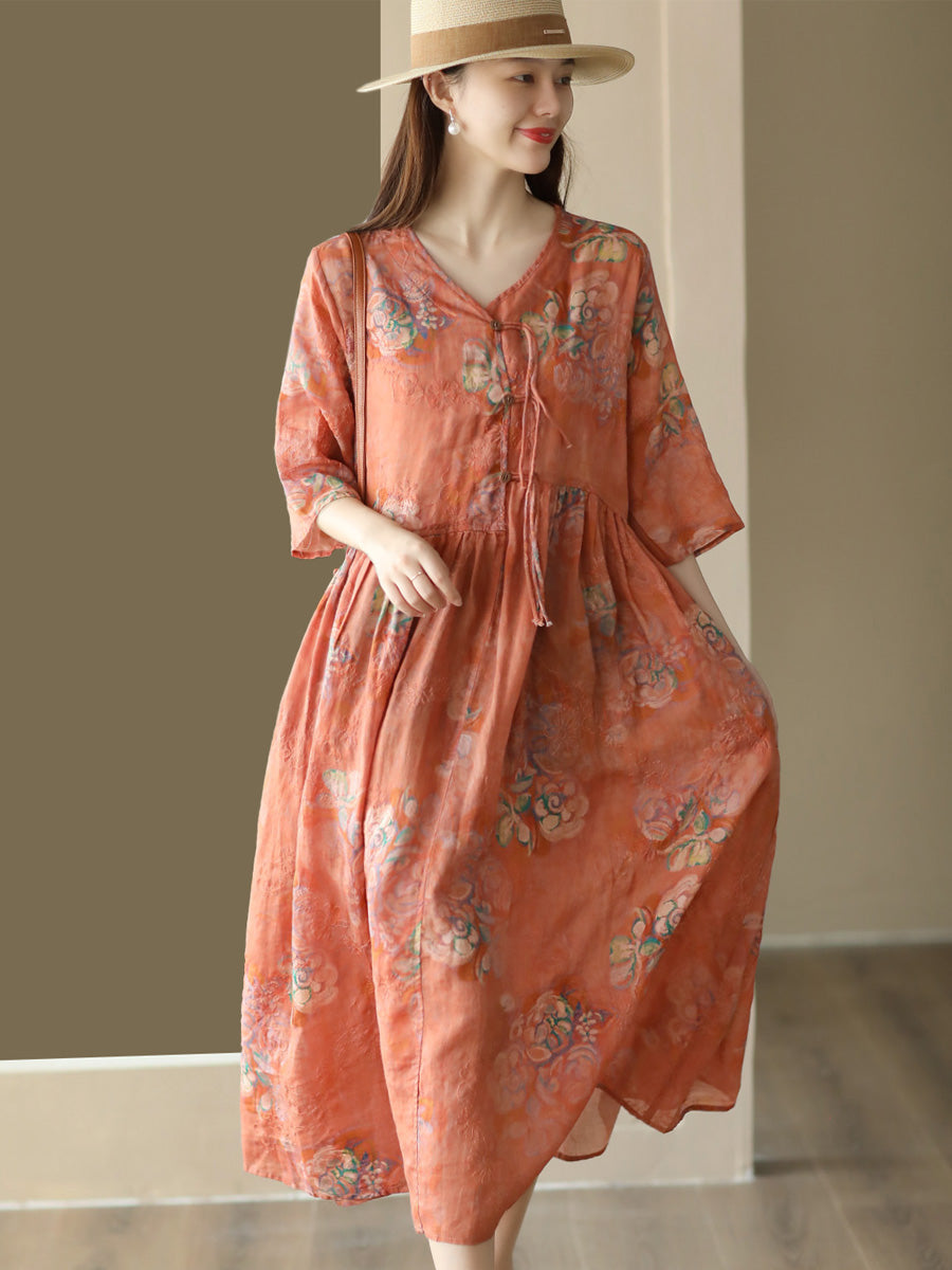 Flower Print National Drawstring Pleated Ramie Dress