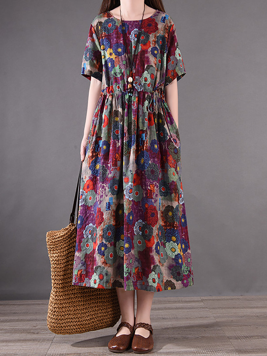 Vintage Flower Pleated Drawstring Loose Cotton Dress