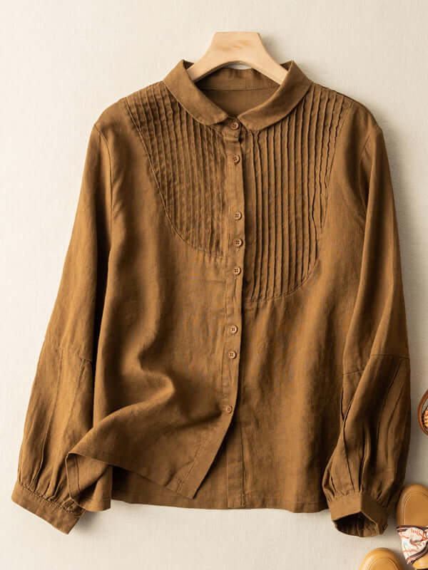 Ink Green Linen Pleated Casual Shirt Long Sleeve